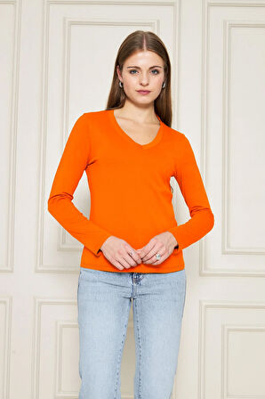 Kadın V Yaka Uzun Kol Basic Tişört