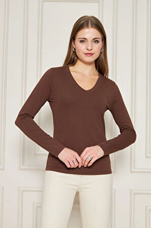 Kadın V Yaka Uzun Kol Basic Tişört
