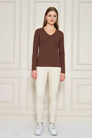Kadın V Yaka Uzun Kol Basic Tişört