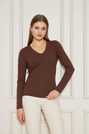 Kadın V Yaka Uzun Kol Basic Tişört