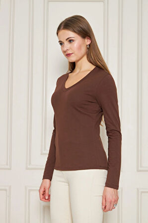 Kadın V Yaka Uzun Kol Basic Tişört