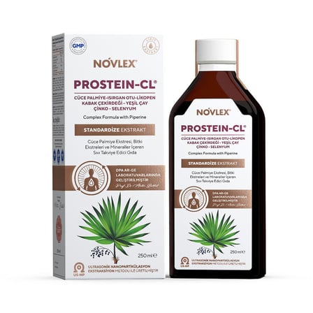 Novlex® Prostein-CL Cüce Palmiye (Saw Palmetto), Yeşil Çay (Green Tea), Isırgan, Bal Kabağı, Çinko, Likopen, Piperin ve Selenyum Ekstraktı (Ekstresi) İçeren Sıvı Takviye Edici Gıda 250 ml