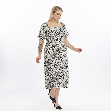 Apsen Kadın Bej Kare Yaka  Önden Yırtmaçlı Kol Detaylı Empirme Viscon Elbise 4507/125