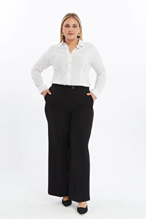 Apsen Kadın  Siyah Yüksek Bel Cep Detaylı Geniş Paça Dokuma Kumaş Pantolon 370-105 