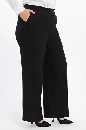 Apsen Kadın  Siyah Yüksek Bel Cep Detaylı Geniş Paça Dokuma Kumaş Pantolon 370-105 