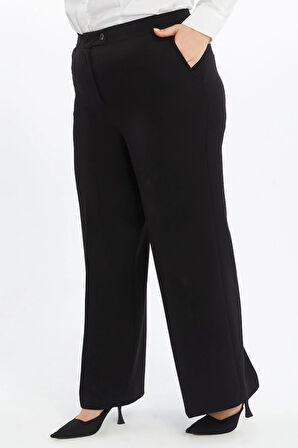 Apsen Kadın  Siyah Yüksek Bel Cep Detaylı Geniş Paça Dokuma Kumaş Pantolon 370-105 