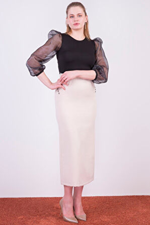 Apsen Kadın Bej Kemerli Süs Cep Detaylı Mevsimlik Uzun Kalem Etek 2090/95