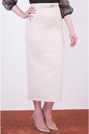 Apsen Kadın Bej Kemerli Süs Cep Detaylı Mevsimlik Uzun Kalem Etek 2090/95