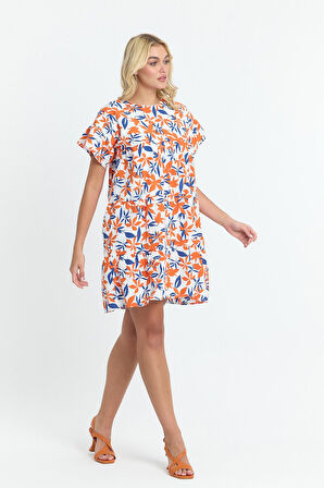 Apsen Kadın Turuncu Beyaz Çiçekli Geniş Kesim Mini Boy Dokuma Elbise  4509-90