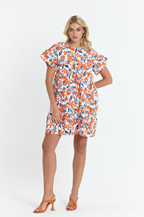 Apsen Kadın Turuncu Beyaz Çiçekli Geniş Kesim Mini Boy Dokuma Elbise  4509-90