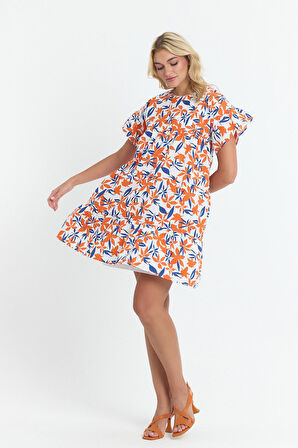 Apsen Kadın Turuncu Beyaz Çiçekli Geniş Kesim Mini Boy Dokuma Elbise  4509-90