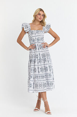 Apsen  Kadın Beli Gipeli Kolu Fırfır Detaylı Midi Dokuma Elbise 4510-105 