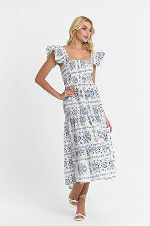 Apsen  Kadın Beli Gipeli Kolu Fırfır Detaylı Midi Dokuma Elbise 4510-105 