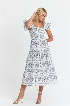 Apsen  Kadın Beli Gipeli Kolu Fırfır Detaylı Midi Dokuma Elbise 4510-105 