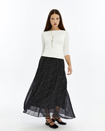 Apsen Kadın  Siyah Puantiyeli Astarlı Şifon Uzun Boy Dokuma Etek 2201-95