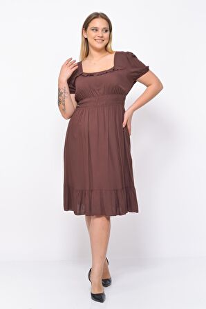 Kadın Kare Yaka Beli Gipeli Fırfır Detaylı Midi Boy Elbise 4467/110