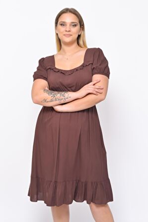 Kadın Kare Yaka Beli Gipeli Fırfır Detaylı Midi Boy Elbise 4467/110