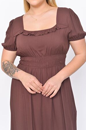 Kadın Kare Yaka Beli Gipeli Fırfır Detaylı Midi Boy Elbise 4467/110