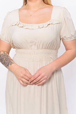 Kadın Kare Yaka Beli Gipeli Fırfır Detaylı Midi Boy Elbise 4467/110