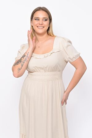 Kadın Kare Yaka Beli Gipeli Fırfır Detaylı Midi Boy Elbise 4467/110