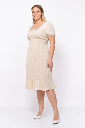 Kadın Kare Yaka Beli Gipeli Fırfır Detaylı Midi Boy Elbise 4467/110