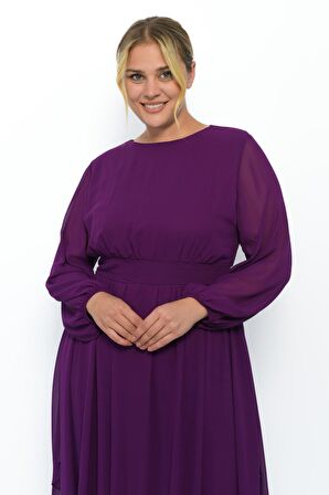 Kadın Bisiklet Yaka Uzun Kol Detaylı Midi Boy Şifon elbise 4466/120