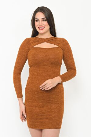 Kadın pencereli Uzun Kol Detaylı kısa Kışlık Triko Elbise 4463/95