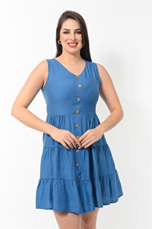 Kadın Boydan Düğmeli Yeni Sezon V Yaka Midi Boy Elbise 4472/95