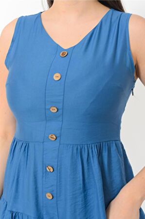 Kadın Boydan Düğmeli Yeni Sezon V Yaka Midi Boy Elbise 4472/95