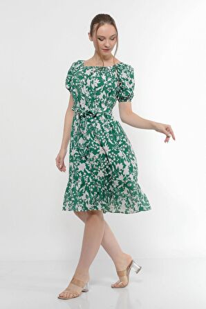 Kadın Kayık Yaka Büzgülü Volan Detaylı Midi Yazlık Elbise 4473/105