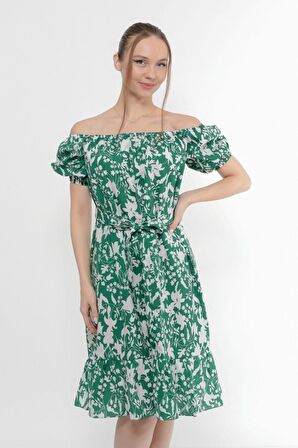 Kadın Kayık Yaka Büzgülü Volan Detaylı Midi Yazlık Elbise 4473/105