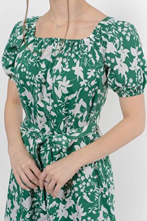 Kadın Kayık Yaka Büzgülü Volan Detaylı Midi Yazlık Elbise 4473/105