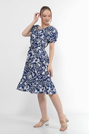 Kadın Kayık Yaka Büzgülü Volan Detaylı Midi Yazlık Elbise 4473/105