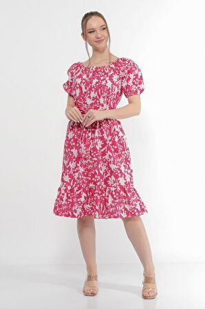 Kadın Kayık Yaka Büzgülü Volan Detaylı Midi Yazlık Elbise 4473/105