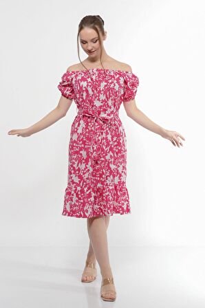 Kadın Kayık Yaka Büzgülü Volan Detaylı Midi Yazlık Elbise 4473/105