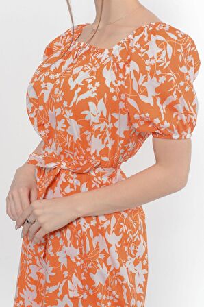 Kadın Kayık Yaka Büzgülü Volan Detaylı Midi Yazlık Elbise 4473/105