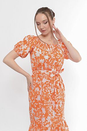 Kadın Kayık Yaka Büzgülü Volan Detaylı Midi Yazlık Elbise 4473/105