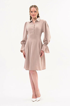 Kadın Bej Gömlek Yaka Kol Detaylı Elbise 4076/100