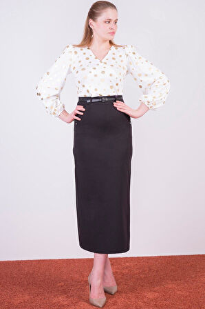 Apsen Kadın Siyah Kadın Kemerli Süs Cep Detaylı Mevsimlik Uzun Kalem Etek 2090/95