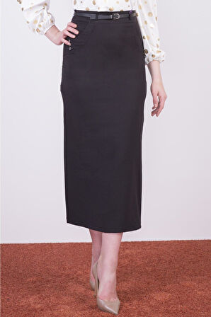 Apsen Kadın Siyah Kadın Kemerli Süs Cep Detaylı Mevsimlik Uzun Kalem Etek 2090/95