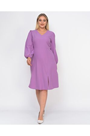 Kadın Büyük Beden Yırtmaç Detaylı V Yaka Midi Krep Elbise 4479/110