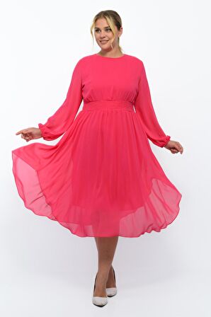 Kadın Bisiklet Yaka Uzun Kol Detaylı Midi Boy Şifon elbise 4466/120