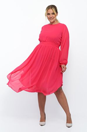 Kadın Bisiklet Yaka Uzun Kol Detaylı Midi Boy Şifon elbise 4466/120