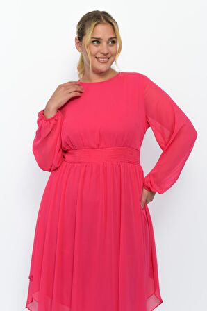 Kadın Bisiklet Yaka Uzun Kol Detaylı Midi Boy Şifon elbise 4466/120