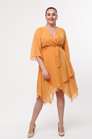 Kadın Kruvaze Yaka Uzun Kol Detaylı Midi Boy Şifon elbise 4465/120