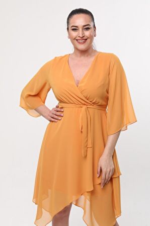 Kadın Kruvaze Yaka Uzun Kol Detaylı Midi Boy Şifon elbise 4465/120