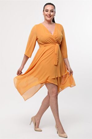 Kadın Kruvaze Yaka Uzun Kol Detaylı Midi Boy Şifon elbise 4465/120