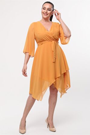 Kadın Kruvaze Yaka Uzun Kol Detaylı Midi Boy Şifon elbise 4465/120