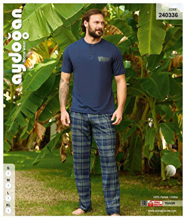 Aydoğan Erkek Mavi %100 Pamuklu Kısa Kollu Pijama Takımı 240336
