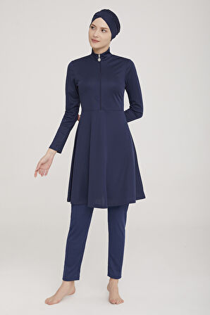 Likralı Tam Kapalı Tesettür Mayo Maysız Düz 9020 Koyu Lacivert Remsa Mayo | M